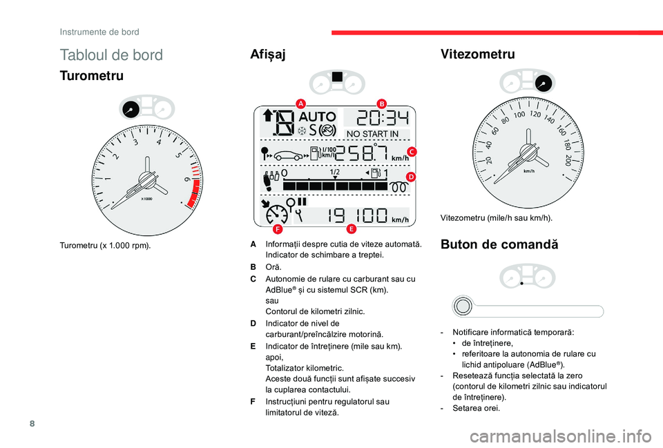 CITROEN C-ELYSÉE 2018  Ghiduri De Utilizare (in Romanian) 8
Tabloul de bord
Turometru
Turometru (x 1.000 rpm).
Afișaj
AInformații despre cutia de viteze automată.
Indicator de schimbare a treptei.
B Oră.
C Autonomie de rulare cu carburant sau cu 
AdBlue
