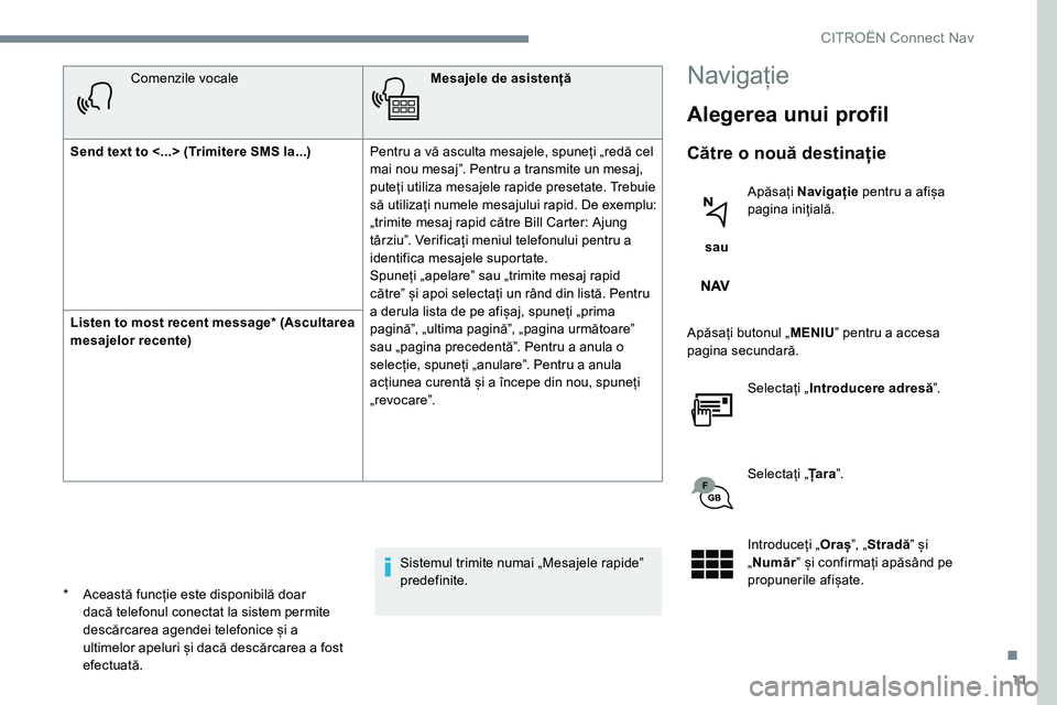 CITROEN C-ELYSÉE 2017 Ghiduri De Utilizare (in Romanian) 11
Comenzile vocaleMesajele de asistență
Send text to <...> (Trimitere SMS la...) Pentru a vă asculta mesajele, spuneți „redă cel
mai nou mesaj”. Pentru a transmite un mesaj,
puteți utiliz CITROEN C-ELYSÉE 2017 Ghiduri De Utilizare (in Romanian) 11
Comenzile vocaleMesajele de asistență
Send text to <...> (Trimitere SMS la...) Pentru a vă asculta mesajele, spuneți „redă cel
mai nou mesaj”. Pentru a transmite un mesaj,
puteți utiliz
