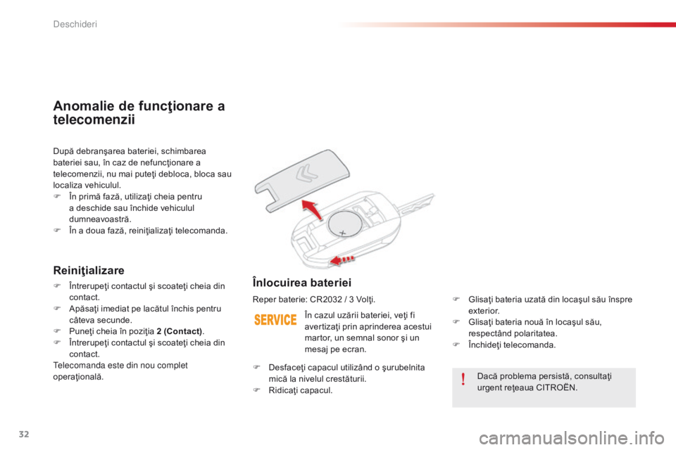 CITROEN C-ELYSÉE 2016 Ghiduri De Utilizare (in Romanian) 32
C-Elysee_ro_Chap02_ouvertures_ed01-2014
Dacă problema persistă, consultaţi
urgent reţeaua CITROËN.
În cazul uzării bateriei, veţi fi
avertizaţi prin aprinderea acestui
martor, un semnal CITROEN C-ELYSÉE 2016 Ghiduri De Utilizare (in Romanian) 32
C-Elysee_ro_Chap02_ouvertures_ed01-2014
Dacă problema persistă, consultaţi
urgent reţeaua CITROËN.
În cazul uzării bateriei, veţi fi
avertizaţi prin aprinderea acestui
martor, un semnal