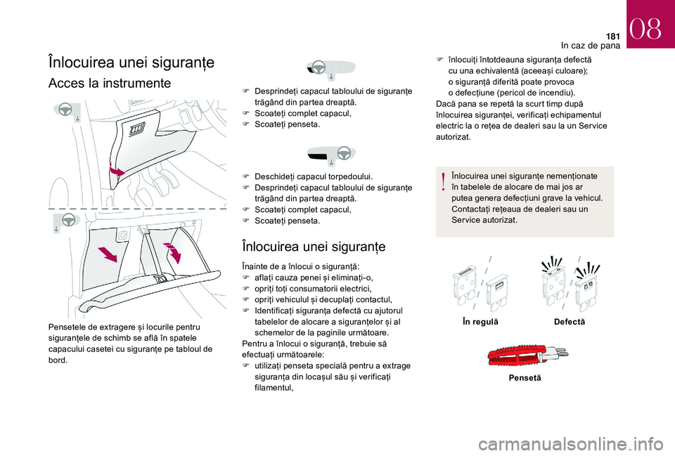 CITROEN DS3 CABRIO 2018 Ghiduri De Utilizare (in Romanian) 181
Înlocuirea unei s iguranțe
Acces la instrumente
Pensetele de extragere și locurile pentru s
iguranțele de schimb se află în spatele
c
apacului casetei c CITROEN DS3 CABRIO 2018 Ghiduri De Utilizare (in Romanian) 181
Înlocuirea unei s iguranțe
Acces la instrumente
Pensetele de extragere și locurile pentru s
iguranțele de schimb se află în spatele
c
apacului casetei c