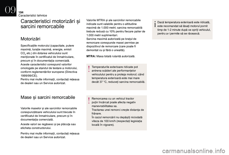 CITROEN DS3 2018 Ghiduri De Utilizare (in Romanian) 194
Caracteristici motorizări și
s
arcini
re
morcabile
Motorizări
Specificațiile motorului (capacitate, putere m
aximă, turație maximă, energie, emisii
CO2 etc.) din CITROEN DS3 2018 Ghiduri De Utilizare (in Romanian) 194
Caracteristici motorizări și
s
arcini
re
morcabile
Motorizări
Specificațiile motorului (capacitate, putere m
aximă, turație maximă, energie, emisii
CO2 etc.) din