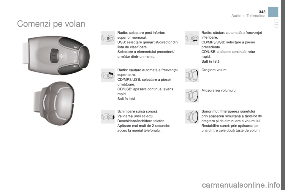 CITROEN DS3 2017 Ghiduri De Utilizare (in Romanian) 343
DS3_ro_Chap11d_RD45_ed02-2015
Comenzi pe volan
Radio: selectare post inferior/
superior memorat.
USB: selectare gen/artist /director din
lista de clasificare.
Selectare a elementului precedent /
CITROEN DS3 2017 Ghiduri De Utilizare (in Romanian) 343
DS3_ro_Chap11d_RD45_ed02-2015
Comenzi pe volan
Radio: selectare post inferior/
superior memorat.
USB: selectare gen/artist /director din
lista de clasificare.
Selectare a elementului precedent /