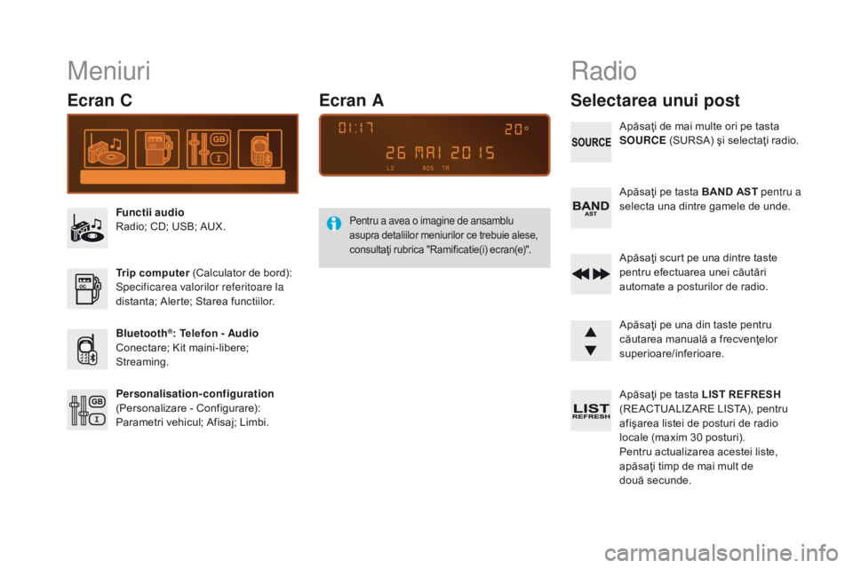 CITROEN DS3 2017  Ghiduri De Utilizare (in Romanian) DS3_ro_Chap11d_RD45_ed02-2015
Meniuri
Ecran C
Functii audio
Radio; CD; USB; AUX.
Trip computer (Calculator de bord):
Specificarea valorilor referitoare la 
distanta; Alerte; Starea functiilor.
Bluetoo