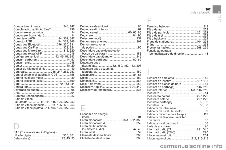 CITROEN DS3 2017 Ghiduri De Utilizare (in Romanian) 367
DS3_ro_Chap12_index-recherche_ed02-2015
DAB (Transmisie Audio Digitala) - Radio digital ....................................... 300, 301
Data (setare)
.......................................
42 CITROEN DS3 2017 Ghiduri De Utilizare (in Romanian) 367
DS3_ro_Chap12_index-recherche_ed02-2015
DAB (Transmisie Audio Digitala) - Radio digital ....................................... 300, 301
Data (setare)
.......................................
42