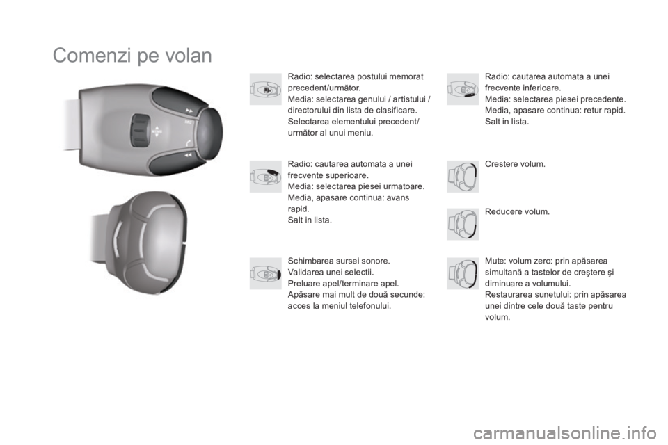 CITROEN DS3 2016  Ghiduri De Utilizare (in Romanian) DS3_ro_Chap11c_SMEGplus_ed01-2015
Comenzi pe volan
Radio: selectarea postului memorat 
precedent/următor.
Media: selectarea genului / artistului / 
directorului din lista de clasificare.
Selectarea e