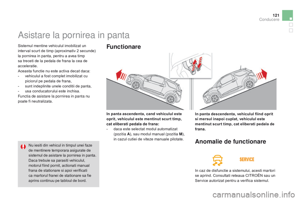 CITROEN DS3 2015 Ghiduri De Utilizare (in Romanian) 121
DS3_ro_Chap06_conduite_ed01-2014
asistare la pornirea in panta
Sistemul mentine vehiculul imobilizat un
interval scurt de timp (aproximativ 2 secunde)
la pornirea in panta, pentru a avea timp
s CITROEN DS3 2015 Ghiduri De Utilizare (in Romanian) 121
DS3_ro_Chap06_conduite_ed01-2014
asistare la pornirea in panta
Sistemul mentine vehiculul imobilizat un
interval scurt de timp (aproximativ 2 secunde)
la pornirea in panta, pentru a avea timp
s