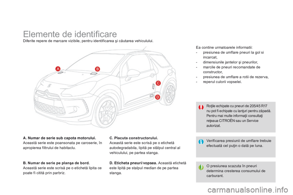 CITROEN DS3 2015 Ghiduri De Utilizare (in Romanian) DS3_ro_Chap12_caracteristiques_ed01-2014
Elemente de identificareDiferite repere de marcare vizibile, pentru identificarea şi căutarea vehiculului.
A. Numar de serie sub capota motorului.
Această s CITROEN DS3 2015 Ghiduri De Utilizare (in Romanian) DS3_ro_Chap12_caracteristiques_ed01-2014
Elemente de identificareDiferite repere de marcare vizibile, pentru identificarea şi căutarea vehiculului.
A. Numar de serie sub capota motorului.
Această s