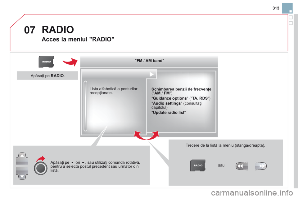CITROEN DS3 2015  Ghiduri De Utilizare (in Romanian) 07
313
DS3_ro_Chap13b_rt6-2-8_ed01-2014
"FM / AM band"Schimbarea benzii de frecvenţe 
("AM / FM")
"Guidance options " ("TA, R
d S")
"Audio settings " (consulta