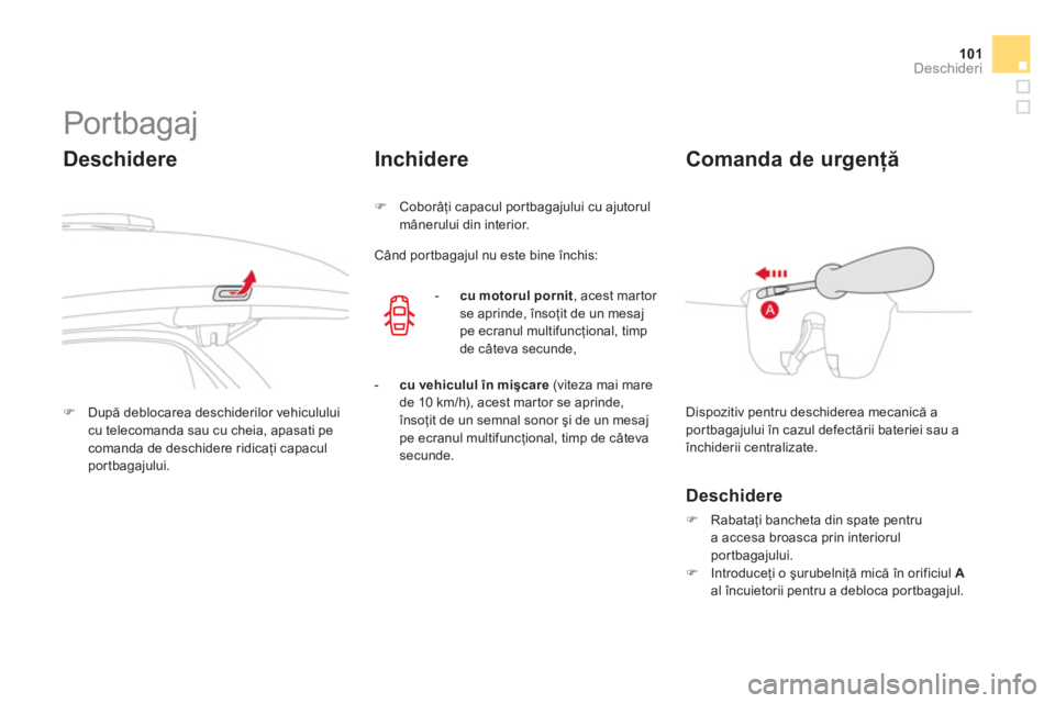 CITROEN DS3 2014  Ghiduri De Utilizare (in Romanian) 101Deschideri
   
 
 
 
 
 
 
 
 
 
 
Por tbagaj 
 
 
Deschidere
�)După deblocarea deschiderilor vehiculului cu telecomanda sau cu cheia, apasati pe comanda de deschidere ridicaţi capacul portbagaju