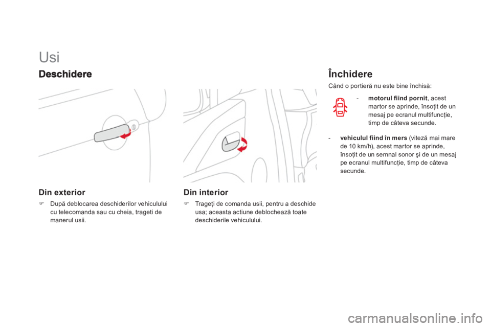 CITROEN DS3 2014  Ghiduri De Utilizare (in Romanian)    
 
 
 
 
 
 
 
 
 
 
Usi 
Din exterior 
�)După deblocarea deschiderilor vehiculului cu telecomanda sau cu cheia, trageti demanerul usii.
 
 
 
Din interior 
�) 
 Tr a g eţi de comanda usii, pentr
