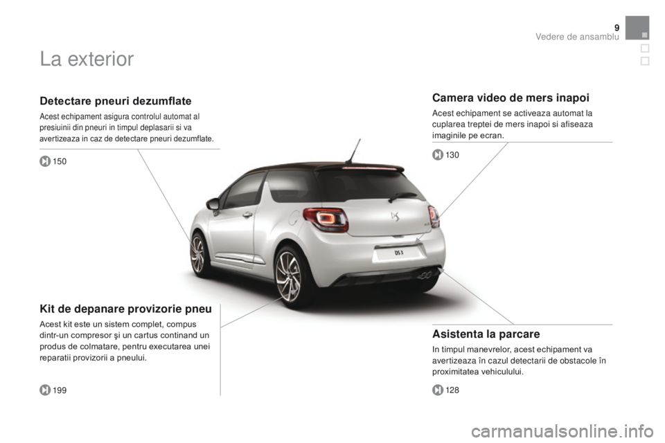 CITROEN DS3 CABRIO 2017  Ghiduri De Utilizare (in Romanian) 9
DS3_ro_Chap00b_vue-ensemble_ed02-2015
Detectare pneuri dezumflate
Acest echipament asigura controlul automat al 
presiuinii din pneuri in timpul deplasarii si va 
avertizeaza in caz de detectare pne