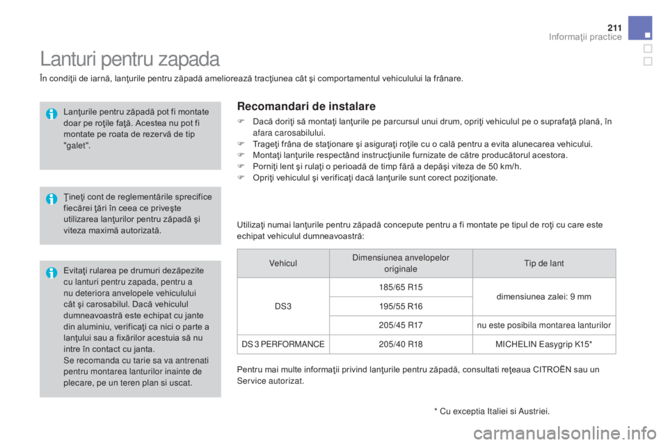 CITROEN DS3 CABRIO 2017 Ghiduri De Utilizare (in Romanian) 2 11
DS3_ro_Chap08_info-pratiques_ed02-2015
Se recomanda cu tarie sa va antrenati
pentru montarea lanturilor inainte de
plecare, pe un teren plan si uscat.
Lanturi pentru zapada
În condiţii de iar CITROEN DS3 CABRIO 2017 Ghiduri De Utilizare (in Romanian) 2 11
DS3_ro_Chap08_info-pratiques_ed02-2015
Se recomanda cu tarie sa va antrenati
pentru montarea lanturilor inainte de
plecare, pe un teren plan si uscat.
Lanturi pentru zapada
În condiţii de iar