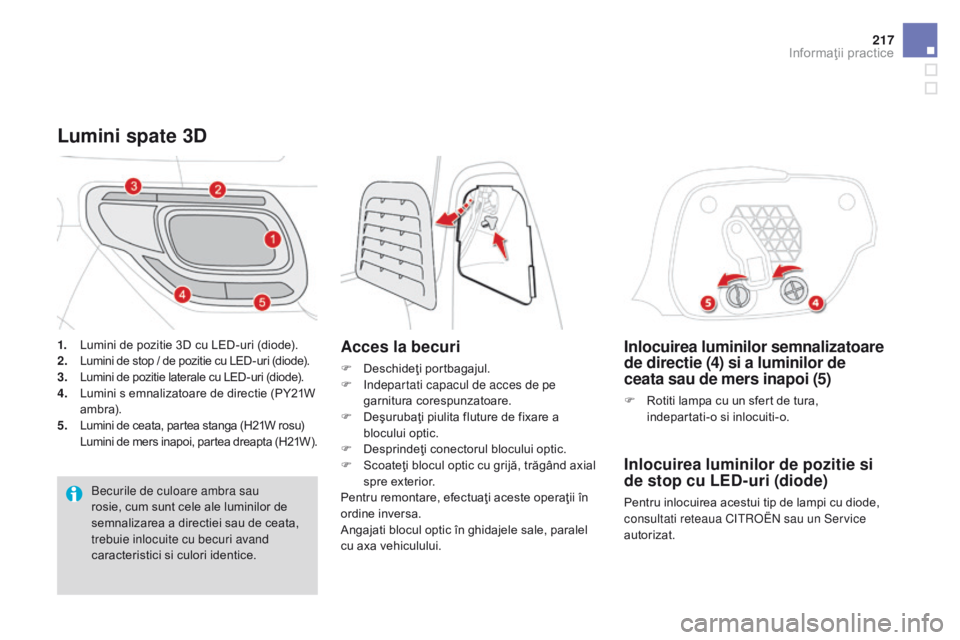 CITROEN DS3 CABRIO 2017 Ghiduri De Utilizare (in Romanian) 217
DS3_ro_Chap08_info-pratiques_ed02-2015
Inlocuirea luminilor semnalizatoare
de directie (4) si a luminilor de
ceata sau de mers inapoi (5)
F Rotiti lampa cu un sfert de tura,
indepartati-o si in CITROEN DS3 CABRIO 2017 Ghiduri De Utilizare (in Romanian) 217
DS3_ro_Chap08_info-pratiques_ed02-2015
Inlocuirea luminilor semnalizatoare
de directie (4) si a luminilor de
ceata sau de mers inapoi (5)
F Rotiti lampa cu un sfert de tura,
indepartati-o si in