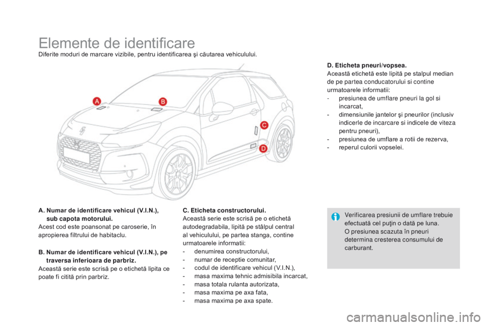 CITROEN DS3 CABRIO 2017 Ghiduri De Utilizare (in Romanian) DS3_ro_Chap10_caracteristiques_ed02-2015
Elemente de identificareDiferite moduri de marcare vizibile, pentru identificarea şi căutarea vehiculului.
A.
Nu
mar de identificare vehicul (V.I.N.),
sub CITROEN DS3 CABRIO 2017 Ghiduri De Utilizare (in Romanian) DS3_ro_Chap10_caracteristiques_ed02-2015
Elemente de identificareDiferite moduri de marcare vizibile, pentru identificarea şi căutarea vehiculului.
A.
Nu
mar de identificare vehicul (V.I.N.),
sub