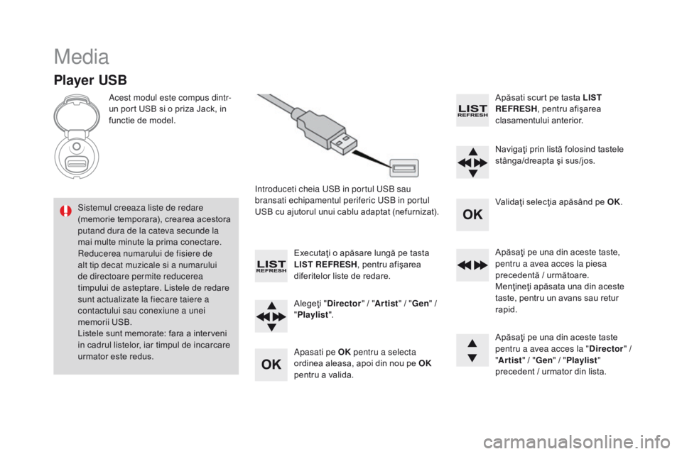 CITROEN DS3 CABRIO 2017  Ghiduri De Utilizare (in Romanian) DS3_ro_Chap11d_RD45_ed02-2015
Media
Player USB
Acest modul este compus dintr-
un port USB si o priza Jack, in 
functie de model.Introduceti cheia USB in portul USB sau 
bransati echipamentul periferic