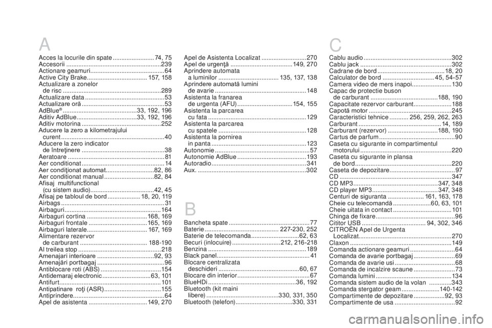 CITROEN DS3 CABRIO 2017  Ghiduri De Utilizare (in Romanian) DS3_ro_Chap12_index-recherche_ed02-2015
A
Acces la locurile din spate ........................ 74, 75
Accesorii ....................................................... 23
9
Actionare geamuri
 ........