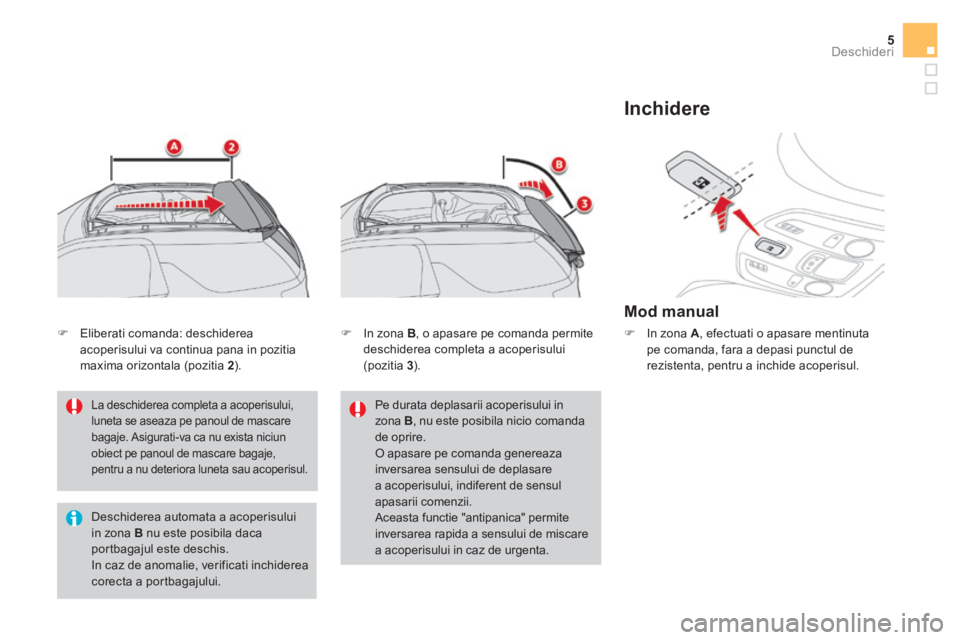 CITROEN DS3 CABRIO 2017 Ghiduri De Utilizare (in Romanian) 5Deschideri
DS3-Cabrio_ro_Chap02_ouvertures_ed02-2015
La deschiderea completa a acoperisului,
luneta se aseaza pe panoul de mascare
bagaje. Asigurati-va ca nu exista niciun
obiect pe panoul de ma CITROEN DS3 CABRIO 2017 Ghiduri De Utilizare (in Romanian) 5Deschideri
DS3-Cabrio_ro_Chap02_ouvertures_ed02-2015
La deschiderea completa a acoperisului,
luneta se aseaza pe panoul de mascare
bagaje. Asigurati-va ca nu exista niciun
obiect pe panoul de ma