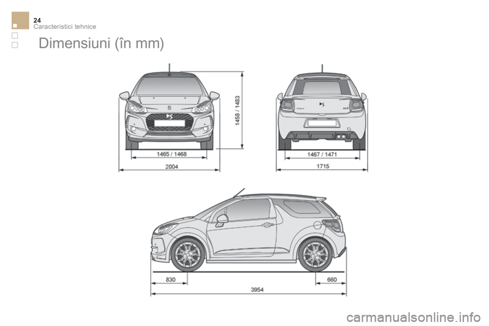 CITROEN DS3 CABRIO 2017  Ghiduri De Utilizare (in Romanian) Caracteristici tehnice24
DS3-Cabrio_ro_Chap10_caracteristiques_ed02-2015
      
Dimensiuni (în mm)  