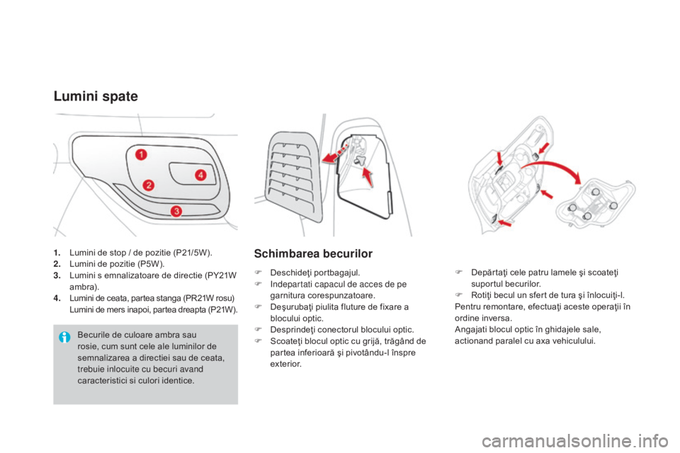 CITROEN DS3 CABRIO 2016 Ghiduri De Utilizare (in Romanian) DS3_ro_Chap08_info-pratiques_ed01-2015
1. Lumini de stop / de pozitie (P21/5W).
2. L umini de pozitie (P5W).
3.
L
umini s emnalizatoare de directie (PY21W
ambr a).
4.
L
umini de ceata, partea st CITROEN DS3 CABRIO 2016 Ghiduri De Utilizare (in Romanian) DS3_ro_Chap08_info-pratiques_ed01-2015
1. Lumini de stop / de pozitie (P21/5W).
2. L umini de pozitie (P5W).
3.
L
umini s emnalizatoare de directie (PY21W
ambr a).
4.
L
umini de ceata, partea st