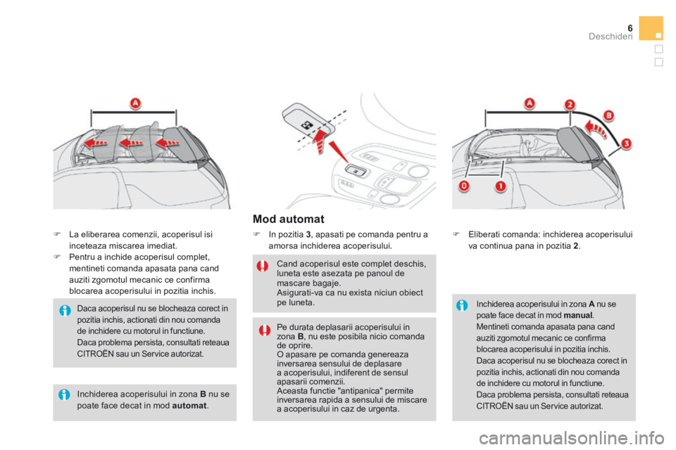 CITROEN DS3 CABRIO 2016  Ghiduri De Utilizare (in Romanian) 6Deschideri
  Mod  automat 
   In pozitia  3 , apasati pe comanda pentru a amorsa inchiderea acoperisului. 
  Cand acoperisul este complet deschis, luneta este asezata pe panoul de mascare bagaje. 