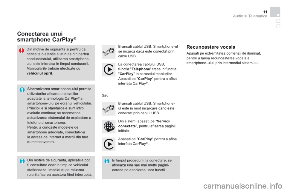 CITROEN DS3 CABRIO 2016  Ghiduri De Utilizare (in Romanian)  Audio si Telematica 11
Additif-2_ro_web_DS3_SMEGplus_Services_connectes_ed01-2015
  Apasati  pe  " CarPlay " pentru a afisa interfata CarPlay ® .  
  Bransati cablul USB. Smartphone-ul se incarca da