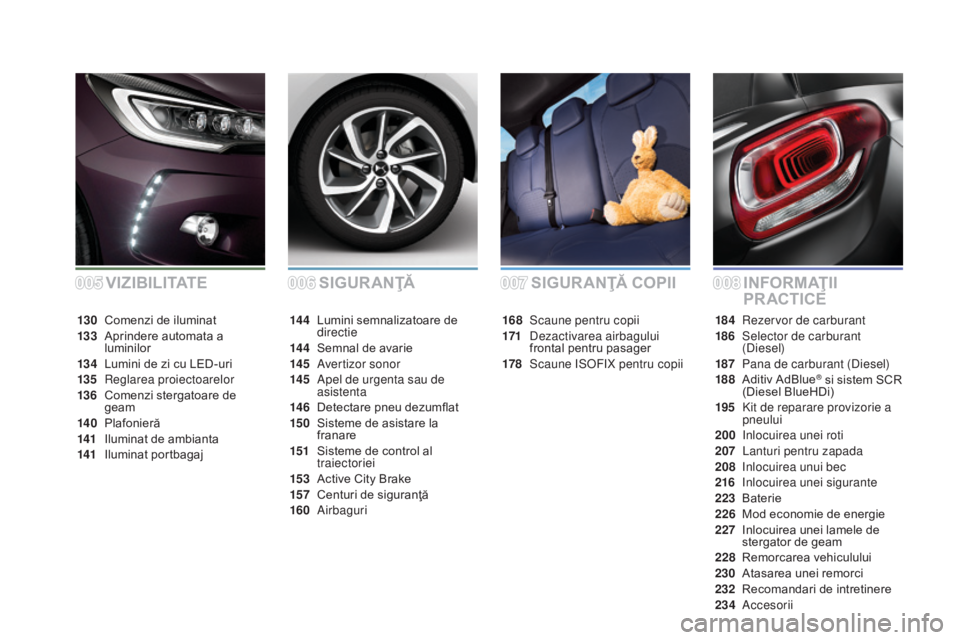 CITROEN DS3 CABRIO 2016  Ghiduri De Utilizare (in Romanian) DS3_ro_Chap00a_sommaire_ed01-2015
SIGURANŢĂI N FO R M AŢ I I  
PR ACTICE
SIGURANŢĂ COPII
168 Scaune pentru copii
171 D
ezactivarea airbagului 
frontal pentru pasager
178
 S

caune ISOFIX pentru c