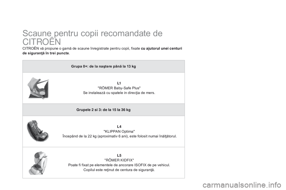 CITROEN DS3 CABRIO 2015 Ghiduri De Utilizare (in Romanian) DS3_ro_Chap09_securite-enfants_ed01-2014
Scaune pentru copii recomandate de
Citroën
CITROËN vă propune o gamă de scaune înregistrate pentru copii, fixate cu ajutorul unei centuri
de siguranţă CITROEN DS3 CABRIO 2015 Ghiduri De Utilizare (in Romanian) DS3_ro_Chap09_securite-enfants_ed01-2014
Scaune pentru copii recomandate de
Citroën
CITROËN vă propune o gamă de scaune înregistrate pentru copii, fixate cu ajutorul unei centuri
de siguranţă