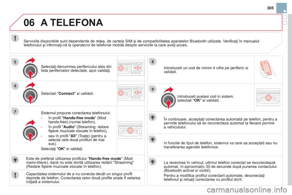 CITROEN DS3 CABRIO 2015 Ghiduri De Utilizare (in Romanian) 06
305
DS3_ro_Chap13b_rt6-2-8_ed01-2014
A TELEFONA
Selectati "Connect" si validati.
Sistemul propune conectarea telefonului:
-
în profil "
Hands-free mode" (Mod
hands-free) (numai CITROEN DS3 CABRIO 2015 Ghiduri De Utilizare (in Romanian) 06
305
DS3_ro_Chap13b_rt6-2-8_ed01-2014
A TELEFONA
Selectati "Connect" si validati.
Sistemul propune conectarea telefonului:
-
în profil "
Hands-free mode" (Mod
hands-free) (numai