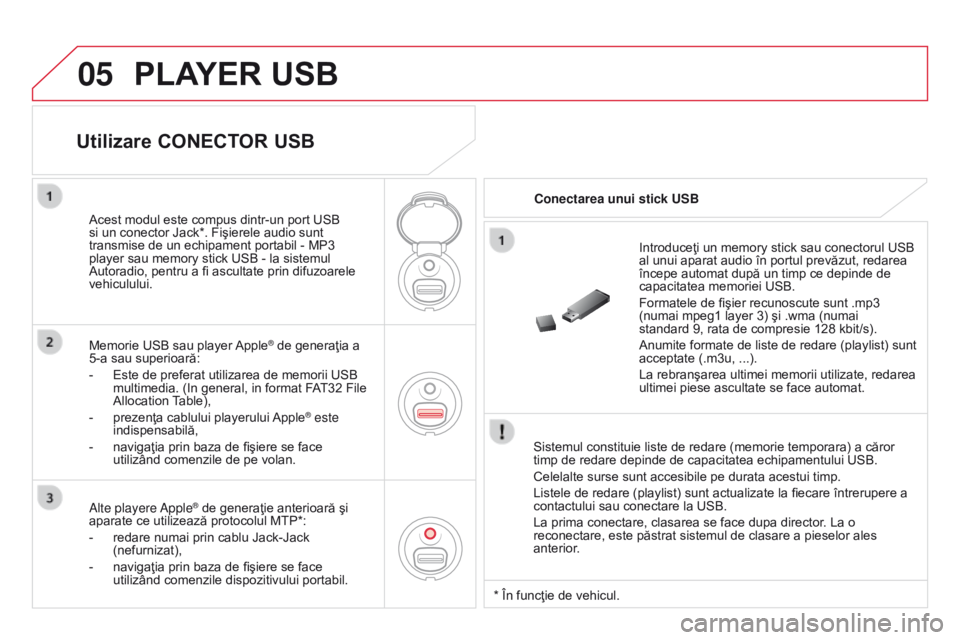 CITROEN DS3 CABRIO 2015 Ghiduri De Utilizare (in Romanian) 05
DS3_ro_Chap13c_rD45_ed01_2014
PLAYER USB
Sistemul constituie liste de redare (memorie temporara) a căror
timp de redare depinde de capacitatea echipamentului USB.
Celelalte surse sunt accesibile CITROEN DS3 CABRIO 2015 Ghiduri De Utilizare (in Romanian) 05
DS3_ro_Chap13c_rD45_ed01_2014
PLAYER USB
Sistemul constituie liste de redare (memorie temporara) a căror
timp de redare depinde de capacitatea echipamentului USB.
Celelalte surse sunt accesibile