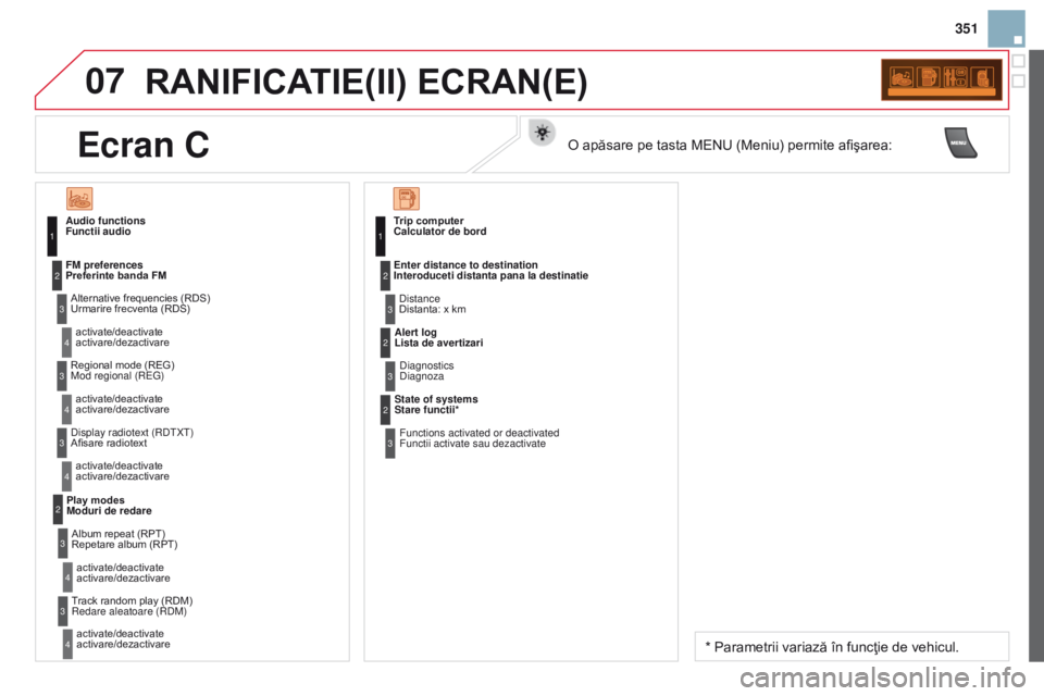 CITROEN DS3 CABRIO 2015 Ghiduri De Utilizare (in Romanian) 07
351
DS3_ro_Chap13c_rD45_ed01_2014
RANIFICATIE(II) ECRAN(E)
Functii audioAlternative frequencies (RDS)
Urmarire frecventa (RDS)activate/deactivate
activare/dezactivare
Preferinte banda FM
Regional CITROEN DS3 CABRIO 2015 Ghiduri De Utilizare (in Romanian) 07
351
DS3_ro_Chap13c_rD45_ed01_2014
RANIFICATIE(II) ECRAN(E)
Functii audioAlternative frequencies (RDS)
Urmarire frecventa (RDS)activate/deactivate
activare/dezactivare
Preferinte banda FM
Regional