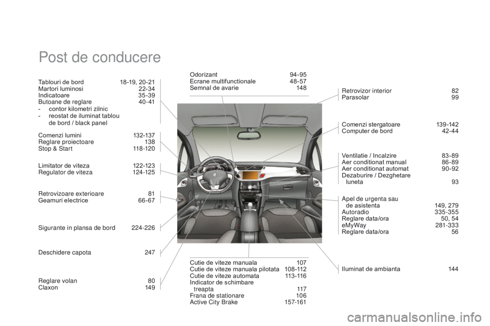 CITROEN DS3 CABRIO 2015  Ghiduri De Utilizare (in Romanian) DS3_ro_Chap14_index-recherche_ed01-2014
Post de conducere
Tablouri de bord  18 -19, 20 -21
Martori luminosi   2 2-34
Indicatoare 
 
3
 5 -39
Butoane de reglare 
 
4
 0- 41
-
 
c
 ontor kilometri zilni