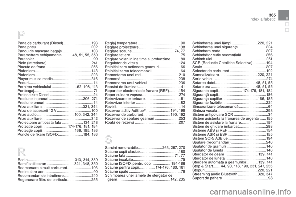 CITROEN DS3 CABRIO 2015 Ghiduri De Utilizare (in Romanian) 365
DS3_ro_Chap14_index-recherche_ed01-2014
Sarcini remorcabile ....................... 263, 267, 270
Scaune copii clasice ..................................... 18
0
Scaune fata
................... CITROEN DS3 CABRIO 2015 Ghiduri De Utilizare (in Romanian) 365
DS3_ro_Chap14_index-recherche_ed01-2014
Sarcini remorcabile ....................... 263, 267, 270
Scaune copii clasice ..................................... 18
0
Scaune fata
...................