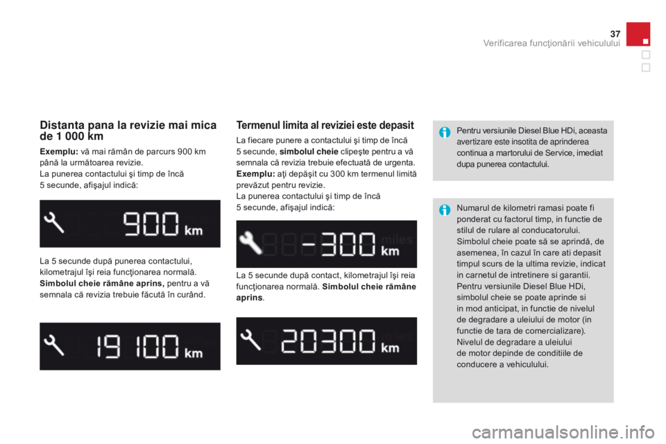 CITROEN DS3 CABRIO 2015 Ghiduri De Utilizare (in Romanian) 37
DS3_ro_Chap01_controle-de-marche_ed01-2014
Distanta pana la revizie mai mica
de 1 000 km
Exemplu: vă mai rămân de parcurs 900 km
până la următoarea revizie.
La punerea contactului şi timp CITROEN DS3 CABRIO 2015 Ghiduri De Utilizare (in Romanian) 37
DS3_ro_Chap01_controle-de-marche_ed01-2014
Distanta pana la revizie mai mica
de 1 000 km
Exemplu: vă mai rămân de parcurs 900 km
până la următoarea revizie.
La punerea contactului şi timp