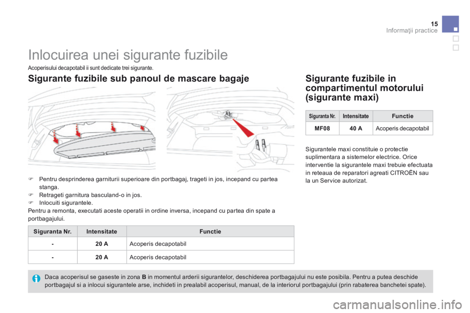 CITROEN DS3 CABRIO 2015 Ghiduri De Utilizare (in Romanian) 15Informaţii practice
DS3-Cabrio_ro_Chap11_info-pratiques_ed02-2014
Inlocuirea unei sigurante fuzibile
Pentru desprinderea garniturii superioare din portbagaj, trageti in jos, incepand cu par CITROEN DS3 CABRIO 2015 Ghiduri De Utilizare (in Romanian) 15Informaţii practice
DS3-Cabrio_ro_Chap11_info-pratiques_ed02-2014
Inlocuirea unei sigurante fuzibile
Pentru desprinderea garniturii superioare din portbagaj, trageti in jos, incepand cu par