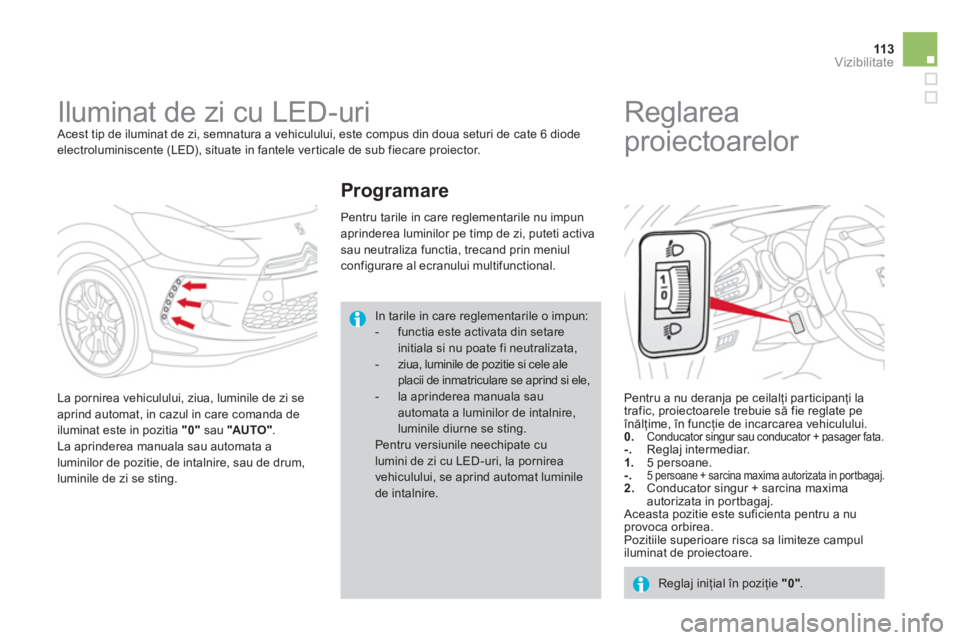 CITROEN DS3 CABRIO 2014  Ghiduri De Utilizare (in Romanian) 113Vizibilitate
   
 
 
 
 
Iluminat de zi cu LED-uri  Acest tip de iluminat de zi, semnatura a vehiculului, este compus din doua seturi de cate 6 diode electroluminiscente (LED), situate in fantele v