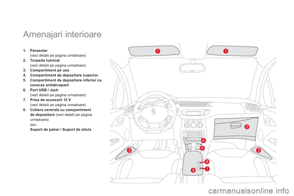 CITROEN DS3 CABRIO 2014 Ghiduri De Utilizare (in Romanian)
Amenajari interioare
1.Parasolarr(vezi detalii pe pagina urmatoare) 2.Torpedo luminat(vezi detalii pe pagina urmatoare)
3.Compartiment pe usa4.Compartiment de depozitar CITROEN DS3 CABRIO 2014 Ghiduri De Utilizare (in Romanian)
Amenajari interioare
1.Parasolarr(vezi detalii pe pagina urmatoare) 2.Torpedo luminat(vezi detalii pe pagina urmatoare)
3.Compartiment pe usa4.Compartiment de depozitar