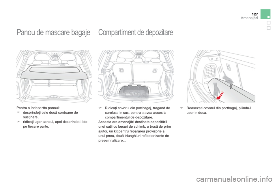 CITROEN DS3 CABRIO 2014  Ghiduri De Utilizare (in Romanian) Amenajări
 
 
Pentru a indepartta panoul:�)desprindeţi cele două cordoane desusţinere,�)ridicaţi uşor panoul, apoi desprindeti-l de pe fiecare par te.
 
 
 
 
 
 
Panou de mascare bagaje 
�) 
 R