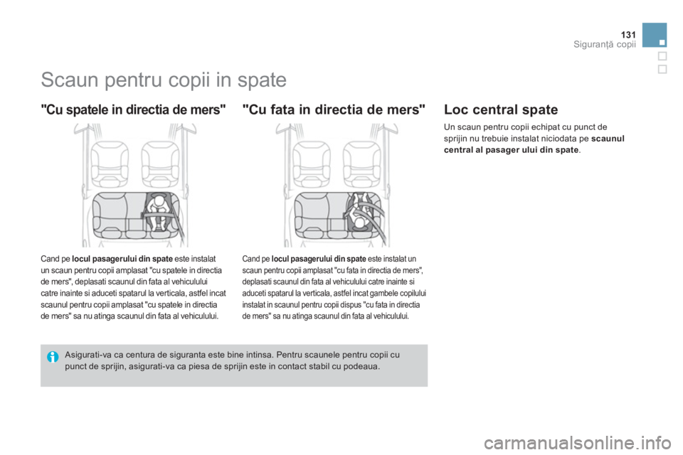 CITROEN DS3 CABRIO 2014 Ghiduri De Utilizare (in Romanian) 131Siguranţă copii
Scaun pentru copii in spate
"Cu spatele in directia de mers"
Cand pe locul pasagerului din spate
este instalat un scaun pentru copii amplasat "cu spate CITROEN DS3 CABRIO 2014 Ghiduri De Utilizare (in Romanian) 131Siguranţă copii
Scaun pentru copii in spate
"Cu spatele in directia de mers"
Cand pe locul pasagerului din spate
este instalat un scaun pentru copii amplasat "cu spate