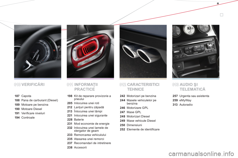 CITROEN DS3 CABRIO 2014  Ghiduri De Utilizare (in Romanian) VERIFICĂRI INFORMAŢII 
PR ACTICECAR ACTERISTICI 
TEHNICEAUDIO ŞI 
TELEMATICĂ
187 Capota
188  Pana de carburant (Diesel)
189Motoare pe benzina
190Motoare Diesel
19
1Veriﬁ care niveluri
194 Contro