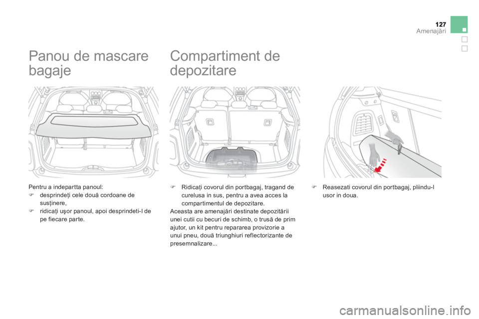 CITROEN DS3 CABRIO 2013  Ghiduri De Utilizare (in Romanian) Amenajări
 
 
Pentru a indepartta panoul:�)desprindeţi cele două cordoane desusţinere,�)ridicaţi uşor panoul, apoi desprindeti-l de pe fiecare par te.
 
 
 
 
 
 
Panou de mascare 
bagaje 
�)   