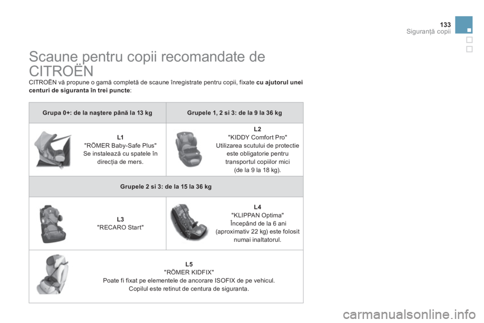 CITROEN DS3 CABRIO 2013  Ghiduri De Utilizare (in Romanian) 133Siguranţă copii
 
 
 
 
 
 
Scaune pentru copii recomandate de 
CITROËN 
  CITROËN vă propune o gamă completă de scaune înregistrate pentru copii, fixate  cu ajutorul uneicenturi de siguran