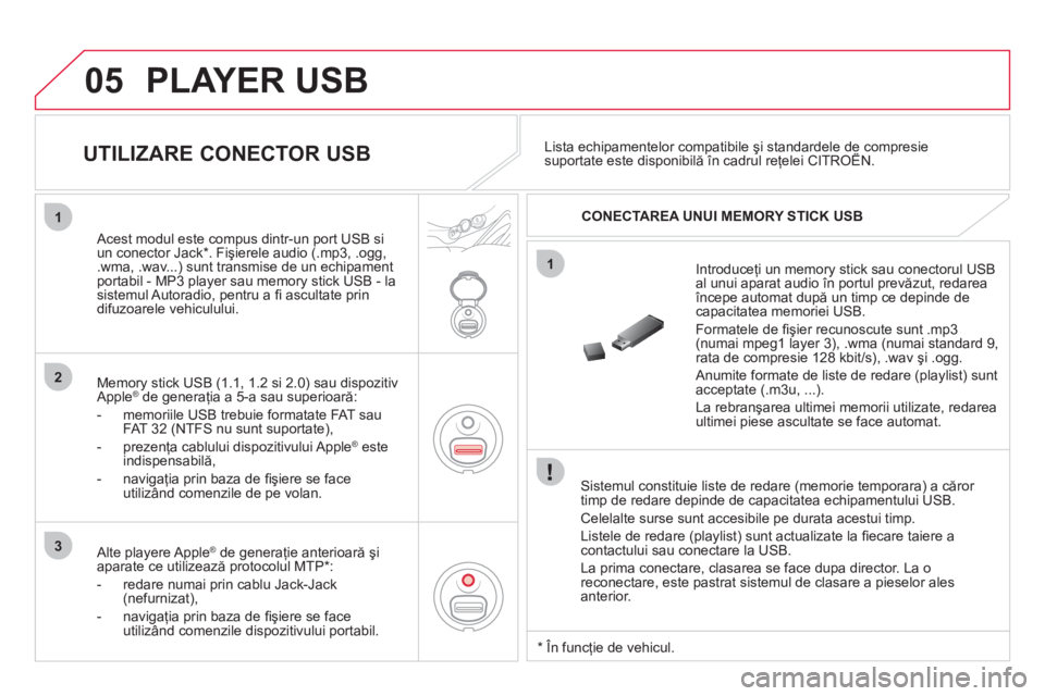 CITROEN DS3 CABRIO 2013  Ghiduri De Utilizare (in Romanian) 05
1
1
2
3
  PLAYER USB
 
 Sistemul constituie liste de redare (memorie temporara) a căror 
timp de redare depinde de capacitatea echipamentului USB.
 
Celelalte surse sunt accesibile pe durata acest
