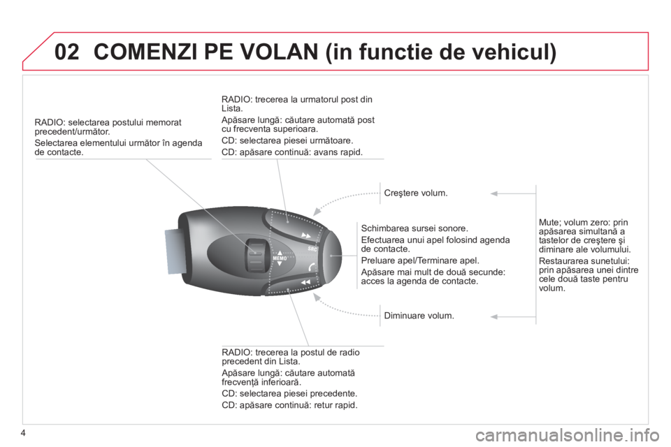 CITROEN DS3 CABRIO 2013  Ghiduri De Utilizare (in Romanian) 4
02COMENZI PE VOLAN (in functie de vehicul)
RADIO: selectarea postului memorat precedent/următor. 
Selectarea elementului următor în agendade contacte.  
   
Schimbarea sursei sonore.
  E
fectuare