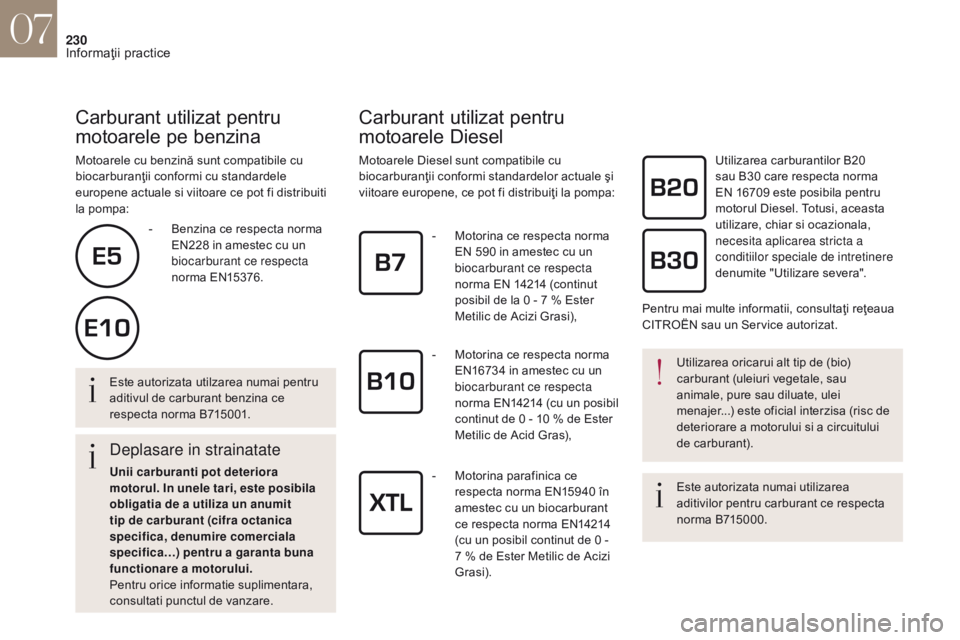 CITROEN DS4 2017 Ghiduri De Utilizare (in Romanian) 230
Carburant utilizat pentru
motoarele pe benzina
Motoarele cu benzină sunt compatibile cu
biocarburanţii conformi cu standardele
europene actuale si viitoare ce pot fi distribuiti
la pompa:
Ca CITROEN DS4 2017 Ghiduri De Utilizare (in Romanian) 230
Carburant utilizat pentru
motoarele pe benzina
Motoarele cu benzină sunt compatibile cu
biocarburanţii conformi cu standardele
europene actuale si viitoare ce pot fi distribuiti
la pompa:
Ca