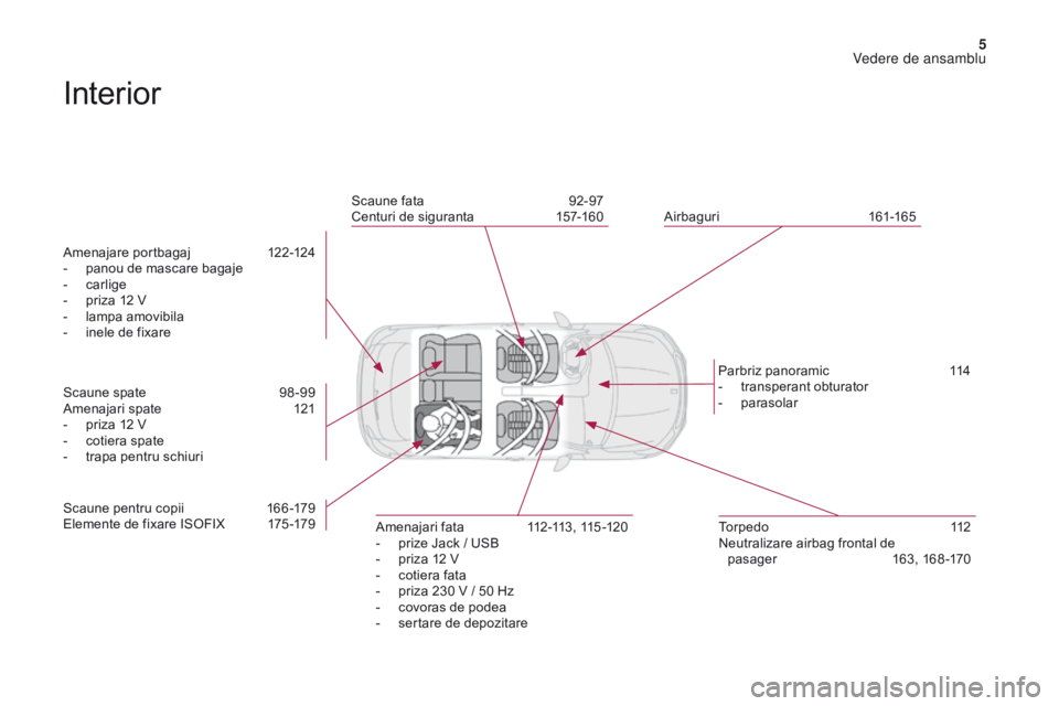 CITROEN DS4 2017  Ghiduri De Utilizare (in Romanian) 5
DS4_ro_Chap00b_vue-ensemble_ed01-2016
Interior
Amenajare portbagaj 122-124
-  p anou de mascare bagaje
-
 
c
 arlige
-
 
p
 riza 12 V
-
 lam

pa amovibila
-
 
i
 nele de fixare
Scaune spate
 
9
 8 -