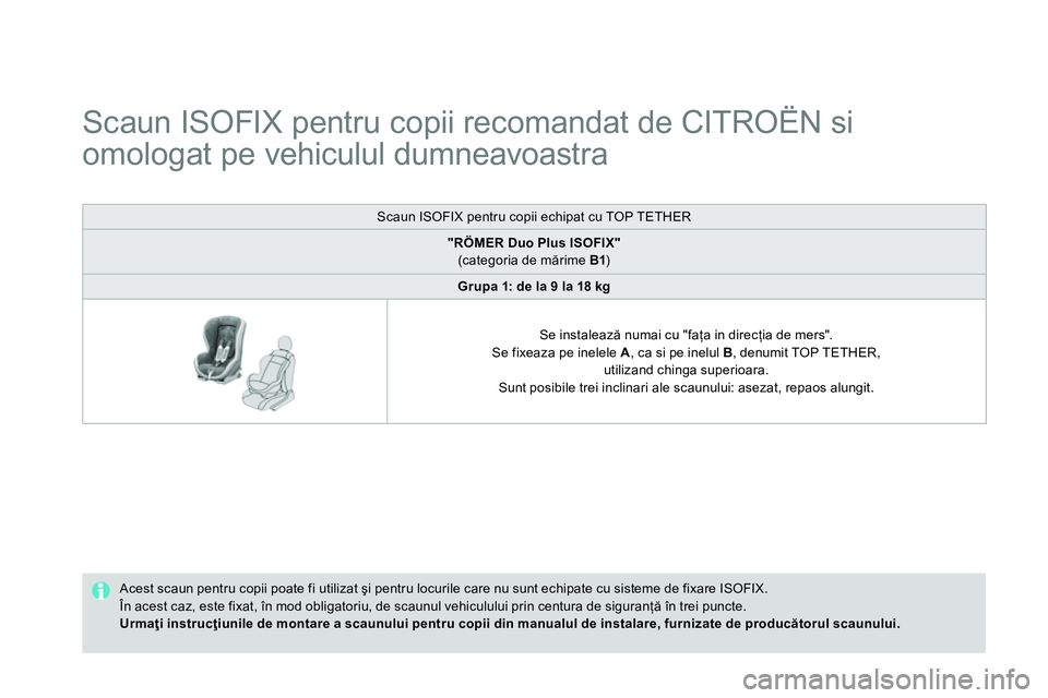 CITROEN DS4 2014 Ghiduri De Utilizare (in Romanian)
Scaun ISOFIX pentru copii recomandat de CITROËN si
omologat pe vehiculul dumneavoastra
Acest scaun pentru copii poate fi utilizat şi pentru locurile care nu sunt ech CITROEN DS4 2014 Ghiduri De Utilizare (in Romanian)
Scaun ISOFIX pentru copii recomandat de CITROËN si
omologat pe vehiculul dumneavoastra
Acest scaun pentru copii poate fi utilizat şi pentru locurile care nu sunt ech