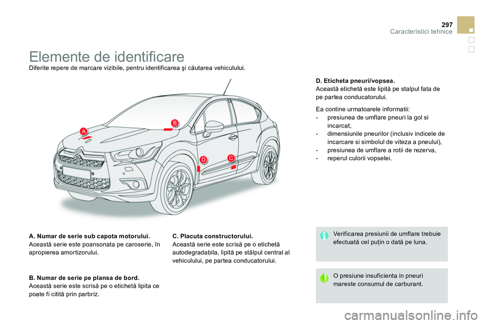 CITROEN DS4 2014 Ghiduri De Utilizare (in Romanian) 297Caracteristici tehnice
Elemente de identifi care
Diferite repere de marcare vizibile, pentru identificarea şi căutarea vehiculului.
A. Numar de serie s CITROEN DS4 2014 Ghiduri De Utilizare (in Romanian) 297Caracteristici tehnice
Elemente de identifi care
Diferite repere de marcare vizibile, pentru identificarea şi căutarea vehiculului.
A. Numar de serie s