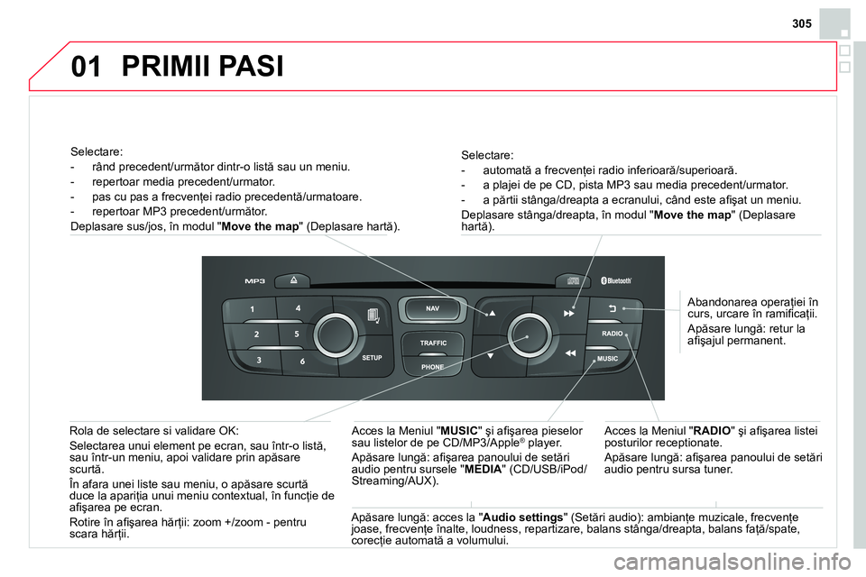 CITROEN DS4 2014 Ghiduri De Utilizare (in Romanian) 01
305
Selectare:
- automată a frecvenţei radio inferioară/superioară.
- a plajei de pe CD, pista MP3 sau media precedent/urmator.
- a părtii stânga/dreapta a ecranului, CITROEN DS4 2014 Ghiduri De Utilizare (in Romanian) 01
305
Selectare:
- automată a frecvenţei radio inferioară/superioară.
- a plajei de pe CD, pista MP3 sau media precedent/urmator.
- a părtii stânga/dreapta a ecranului,