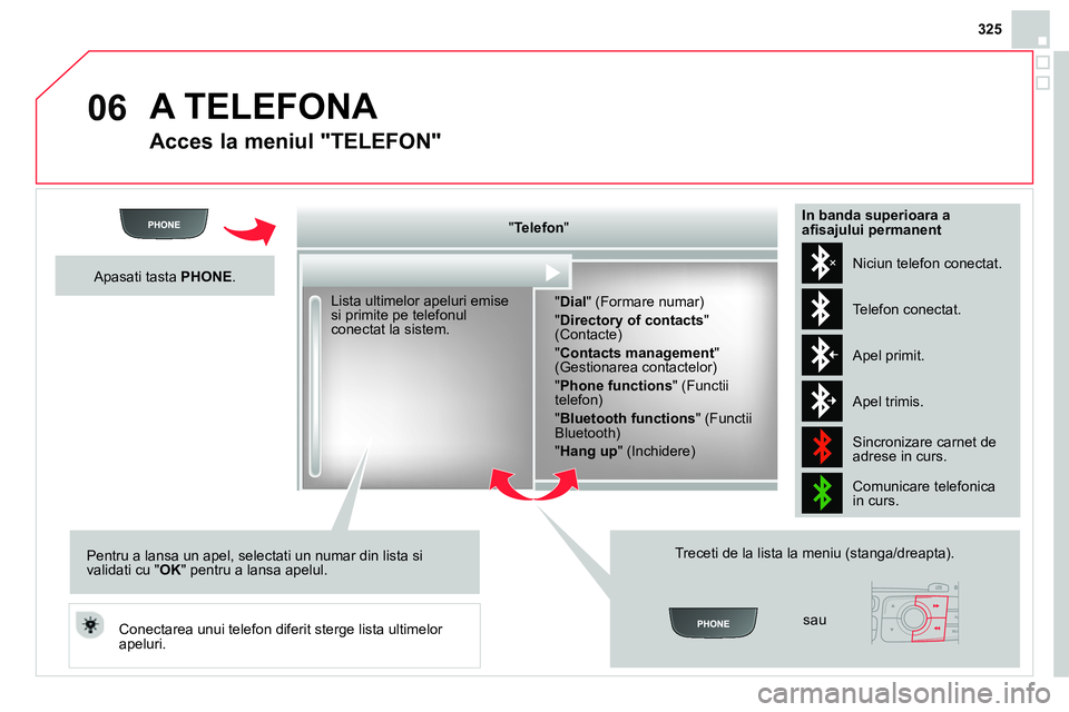 CITROEN DS4 2014 Ghiduri De Utilizare (in Romanian) 06
325
A TELEFONA
Acces la meniul "TELEFON"
" Telefon
"
" Dial
" (Formare numar)
" Directory of contacts
"
(Contacte)
"Contacts management
"
(Gestionarea contactelor)
CITROEN DS4 2014 Ghiduri De Utilizare (in Romanian) 06
325
A TELEFONA
Acces la meniul "TELEFON"
" Telefon
"
" Dial
" (Formare numar)
" Directory of contacts
"
(Contacte)
"Contacts management
"
(Gestionarea contactelor)