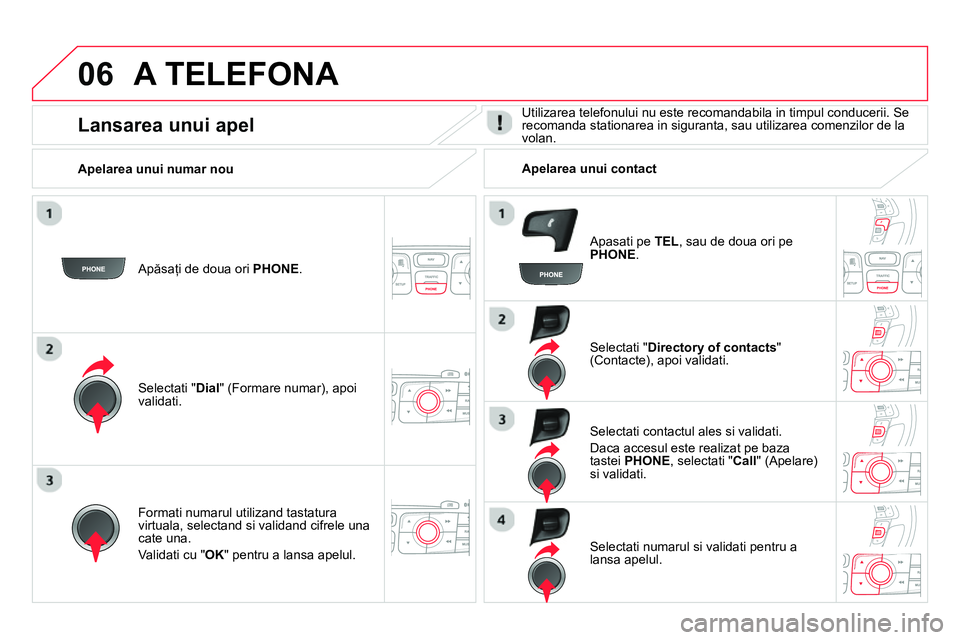 CITROEN DS4 2014  Ghiduri De Utilizare (in Romanian) 06  A TELEFONA 
 
 
Apăsaţi de doua ori  PHONE 
.  
   
Selectati " Dial 
" (Formare numar), apoi 
validati.     
Selectati " Directory of contacts 
" 
(Contacte), apoi validati.  
   
Formati numar